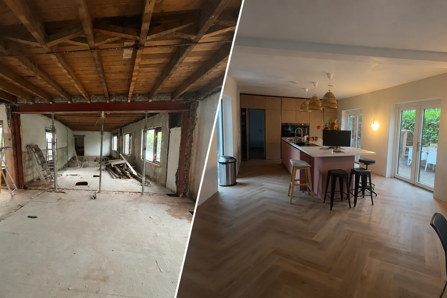 Woningrenovatie voor en na met nieuwe keuken